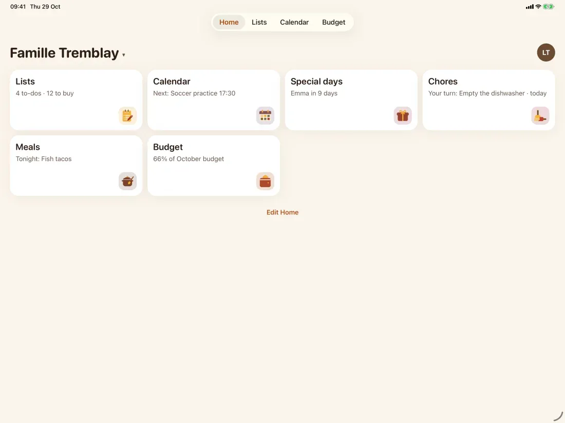 FamSorted on iPad: the Famille Tremblay Home with Lists, Calendar, Chores, Meals and Budget