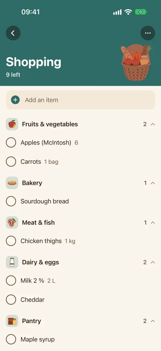 The Shopping list grouped by aisle: fruits and vegetables, bakery, meat and fish, dairy
