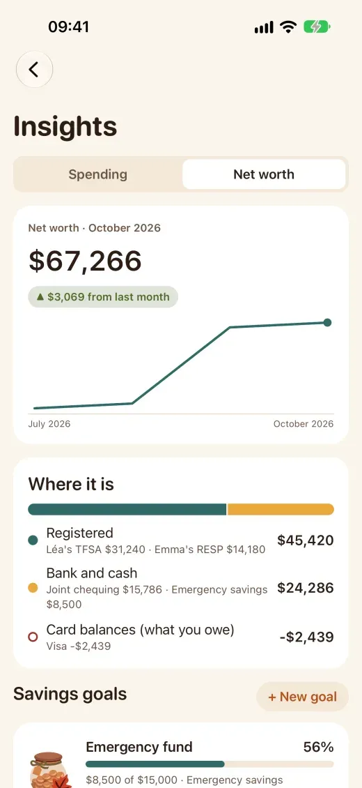Net worth over 12 months, with the TFSA, the RESP and an emergency fund goal