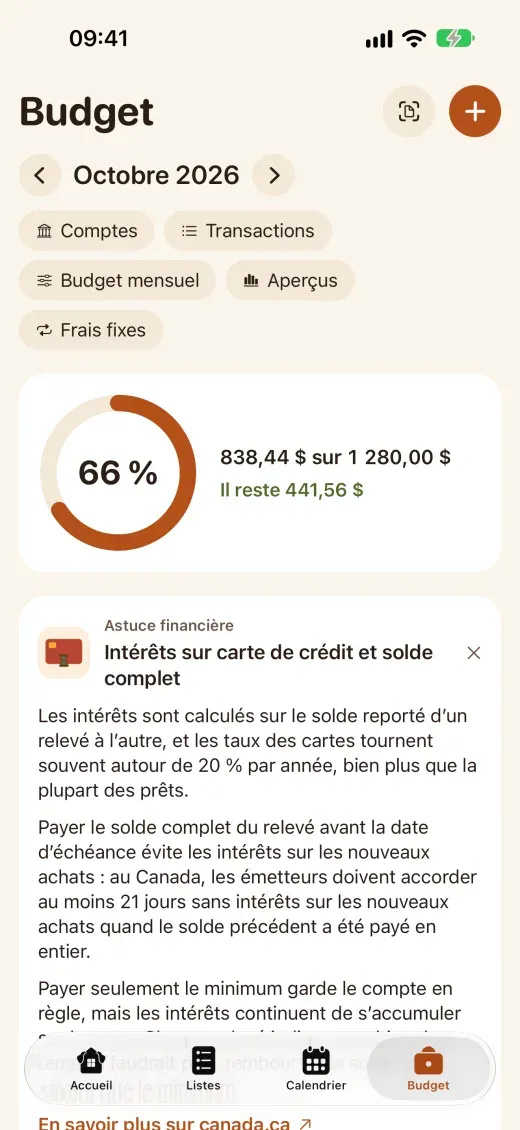 Le budget d’octobre à 66 %, avec l’épicerie, les restaurants et le logement