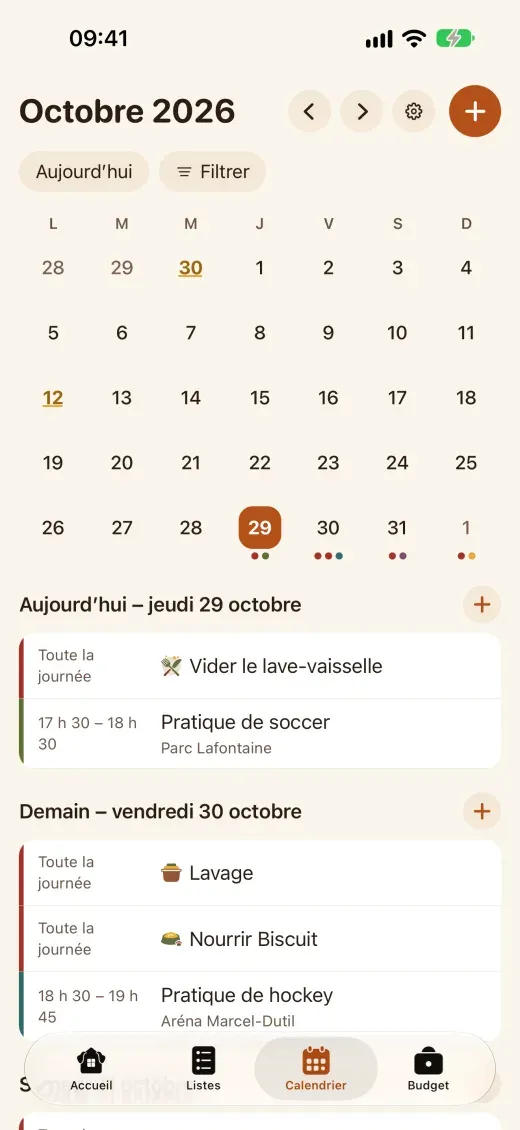 Octobre dans le calendrier partagé, avec le soccer, le hockey et le dentiste cette semaine