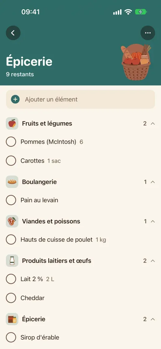 La liste d’épicerie classée par rayon : fruits et légumes, boulangerie, viandes et poissons, produits laitiers