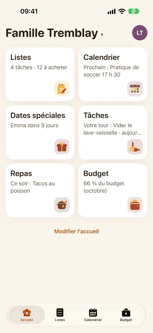 FamSorted sur iPhone : l’accueil avec la pratique de soccer d’aujourd’hui, le souper de ce soir et 66 % du budget d’octobre